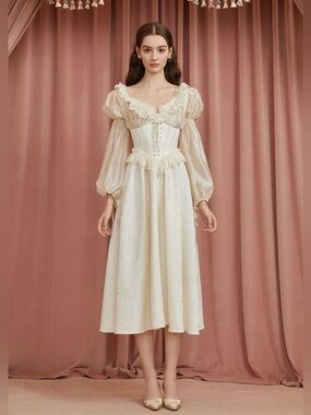 Ivory Whimsical Lace-Trim Midi Dress with Puff Sleeves US Size 12-14 (1X) NEW